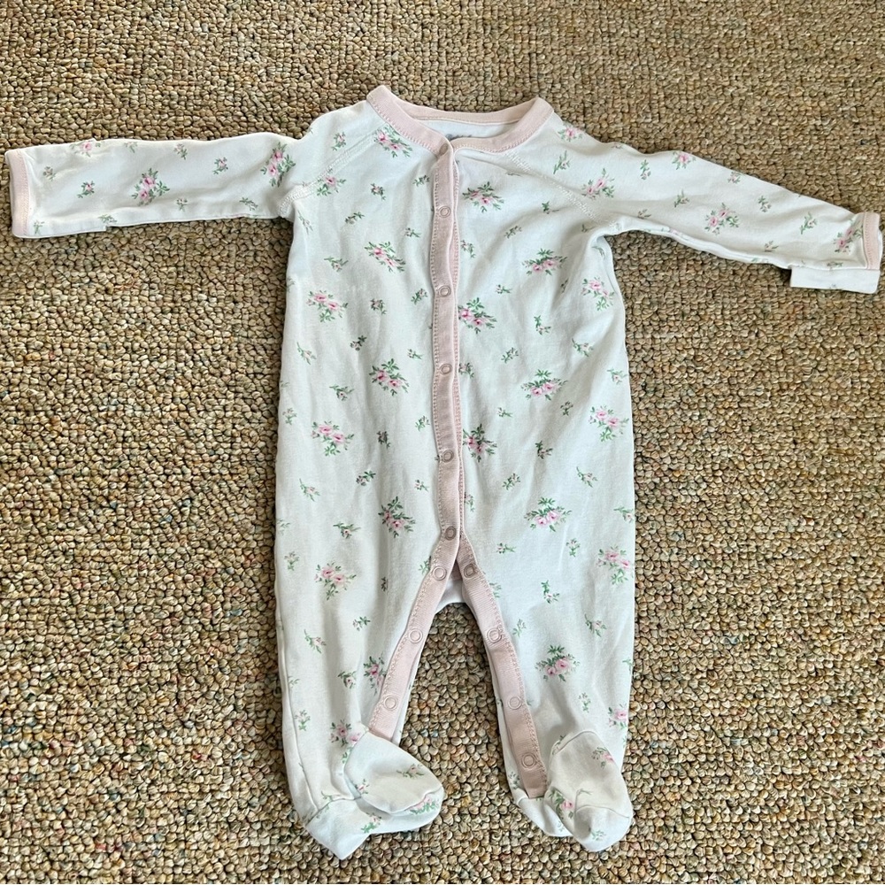 Ralph Lauren White Footed One-Piece with Pink Floral Trim